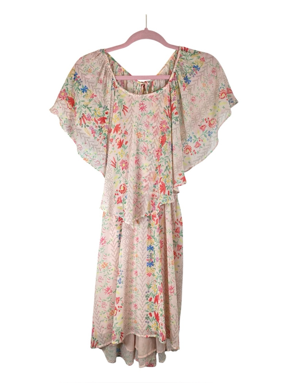 ON THE ROAD Layered Airy‎ Floral Capelet Dress Ruffled Low Back Soft Pink M